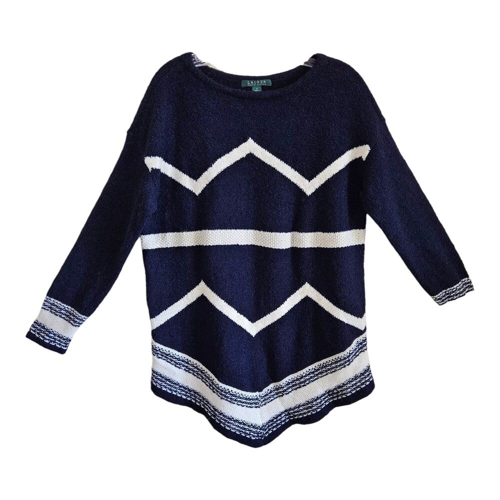 LAUREN RALPH LAUREN Women S Sweater Blue Ivory Aztec Southwest Asymmetrical 42"
